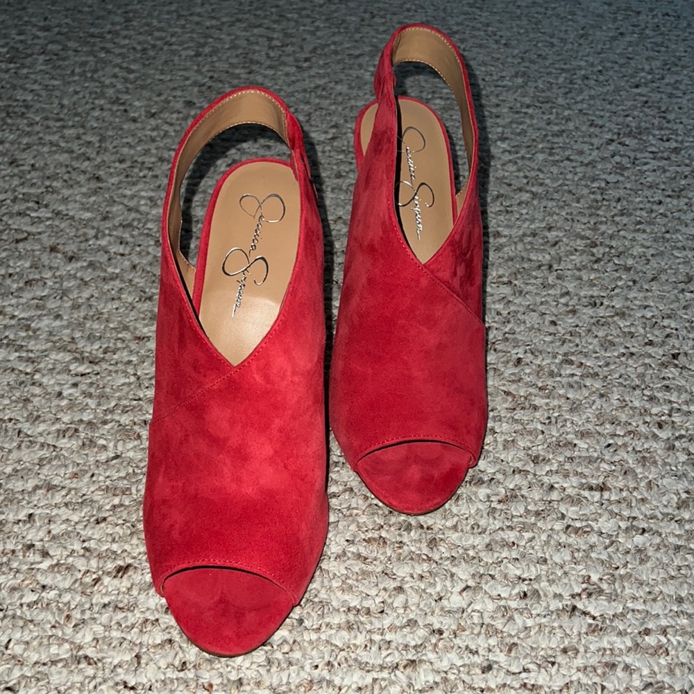 Red Suede Jessica Simpson Open Toe Bootie